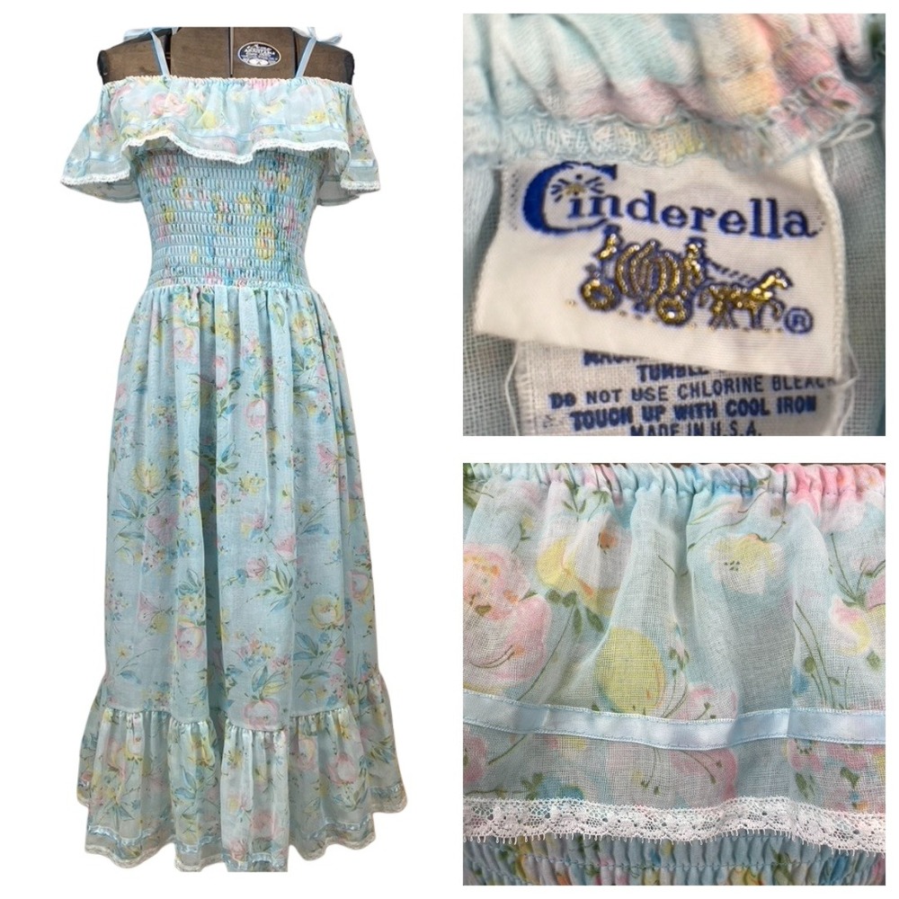Vintage Juniors (10) CINDERELLA Dress‎ 70s Maxi Smocked Floral Fairy Cottage USA